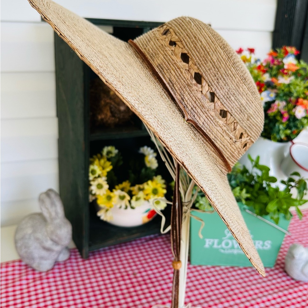 Vintage TULA Wide Brim Straw Hat Sunhat Handmade Prairie Garden Texas 80s 90s